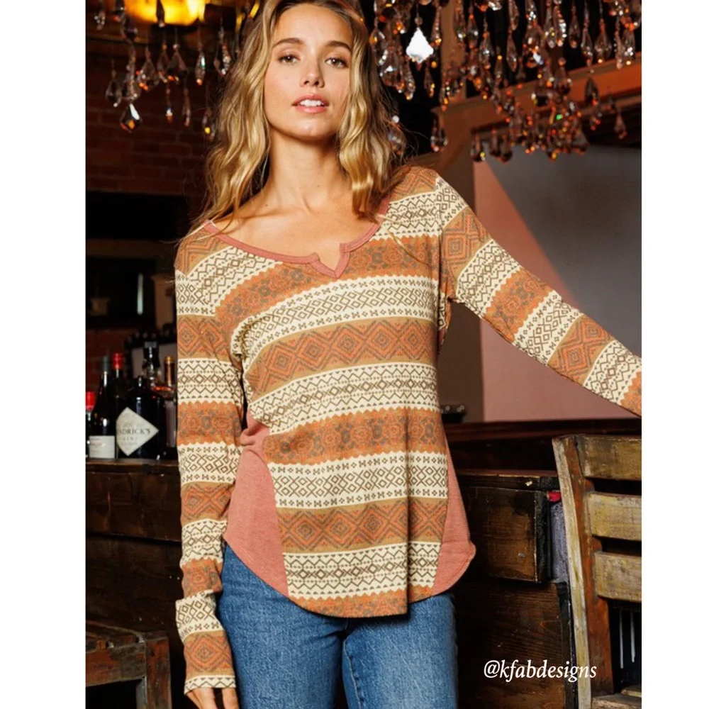 NEW! Knit Boho Color Blocked Print Knit Top! - Picture 3 of 7